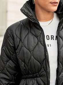 EURMUSE Zip Up Belted Quilted Coat - Black - View 6