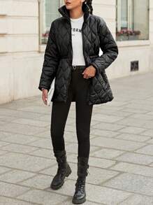 EURMUSE Zip Up Belted Quilted Coat - Black - View 3