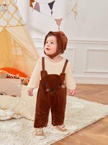 SHEIN Bộ đồ liền thân bằng vải nhung kẻ dệt kim hình gấu dễ thương cho trẻ mới biết đi, dày vừa, hở đáy, độ dày vừa phải - Nhiều màu - Xem 5
