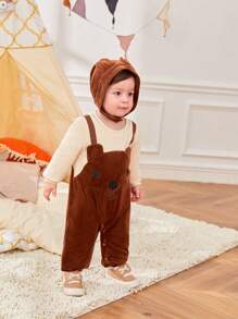 SHEIN Bộ đồ liền thân bằng vải nhung kẻ dệt kim hình gấu dễ thương cho trẻ mới biết đi, dày vừa, hở đáy, độ dày vừa phải - Nhiều màu - Xem 3