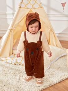 SHEIN Bộ đồ liền thân bằng vải nhung kẻ dệt kim hình gấu dễ thương cho trẻ mới biết đi, dày vừa, hở đáy, độ dày vừa phải - Nhiều màu - Xem 6