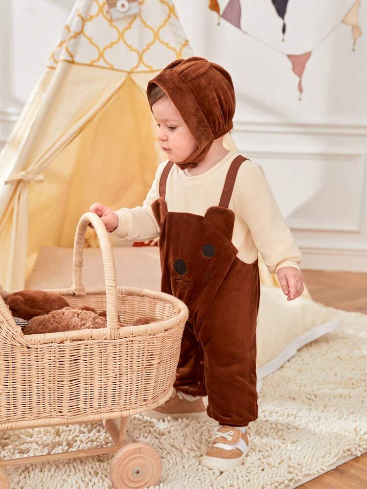 Toddler Unisex Cute Bear Knitted Corduroy Thickened Jumpsuit With Open Crotch, Medium Thick