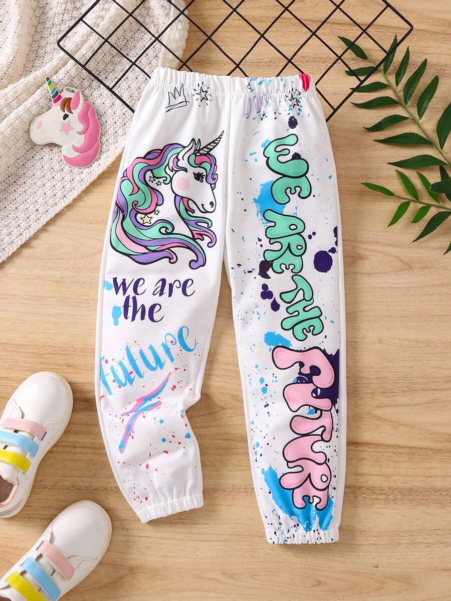 SHEIN Spodnie dresowe dla młodych dziewcząt z nadrukiem jednorożca i liter, spodnie dresowe dla dziewcząt, spodnie dresowe z grafiką, spodnie dresowe dla młodych dziewcząt - Biały - Zobacz 1