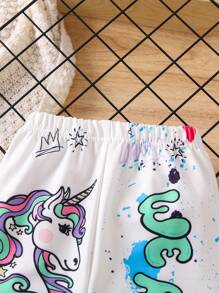 SHEIN Spodnie dresowe dla młodych dziewcząt z nadrukiem jednorożca i liter, spodnie dresowe dla dziewcząt, spodnie dresowe z grafiką, spodnie dresowe dla młodych dziewcząt - Biały - Zobacz 5