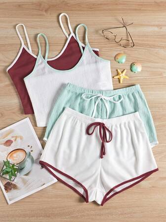 2入組撞色滾邊吊帶上衣&前繫帶短褲休閒服套裝