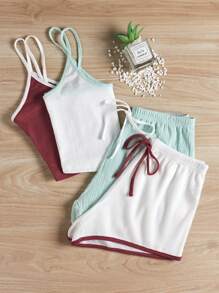 2入組撞色滾邊吊帶上衣&前繫帶短褲休閒服套裝 - 彩色 - 查看 5