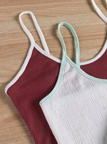 2入組撞色滾邊吊帶上衣&前繫帶短褲休閒服套裝 - 彩色 - 查看 6