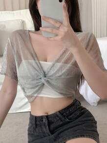 DAZY Áo nữ Xù nhỏ cắt xoắn lại màu trơn Giải trí - Màu Xám nhạt - Xem 5