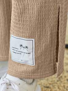 SHEIN 女大童字母補丁細節T恤&下擺開叉長褲 - 卡其色 - 查看 4