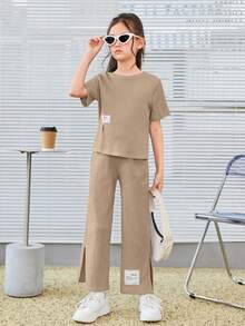 SHEIN 女大童字母補丁細節T恤&下擺開叉長褲 - 卡其色 - 查看 5