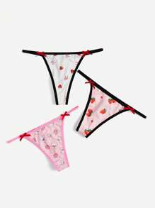 ROMWE Kawaii 3件草莓圖案撞色滾邊丁字褲套裝 - 彩色 - 查看 1