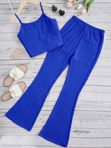 SHEIN Leap Crew Adolescent Fille Unicolore Top À Fines Brides & Pantalon Évasé - bleu indigo - Voir 1