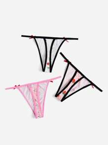 ROMWE Kawaii 3件草莓圖案撞色滾邊丁字褲套裝 - 彩色 - 查看 2