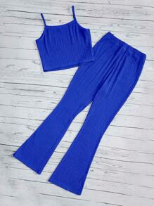 SHEIN Leap Crew Adolescent Fille Unicolore Top À Fines Brides & Pantalon Évasé - bleu indigo - Voir 2