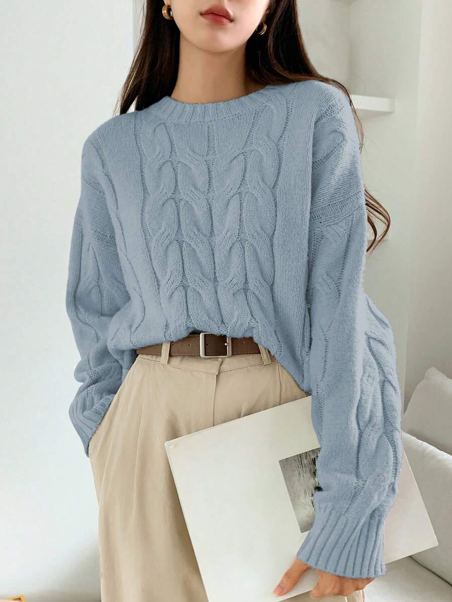 DAZY Solid Cable Knit Drop Shoulder Sweater,Fall Clothes - Teal Blue - View 1