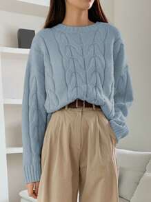 DAZY Solid Cable Knit Drop Shoulder Sweater,Fall Clothes - Teal Blue - View 3