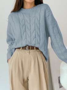 DAZY Solid Cable Knit Drop Shoulder Sweater,Fall Clothes - Teal Blue - View 4