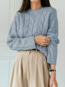 DAZY Solid Cable Knit Drop Shoulder Sweater,Fall Clothes - Teal Blue - View 5