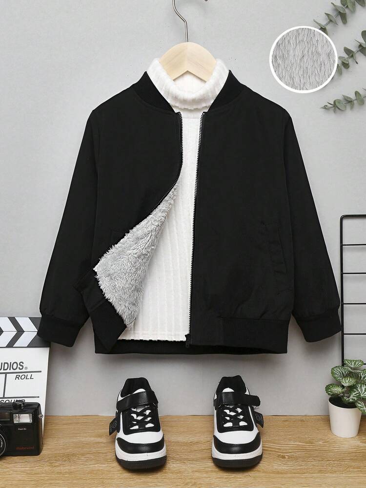 Young Boy Teddy Bear Lined Zip-up Pilot Jacket With Large Back Pocket, Suitable For Autumn And Winter