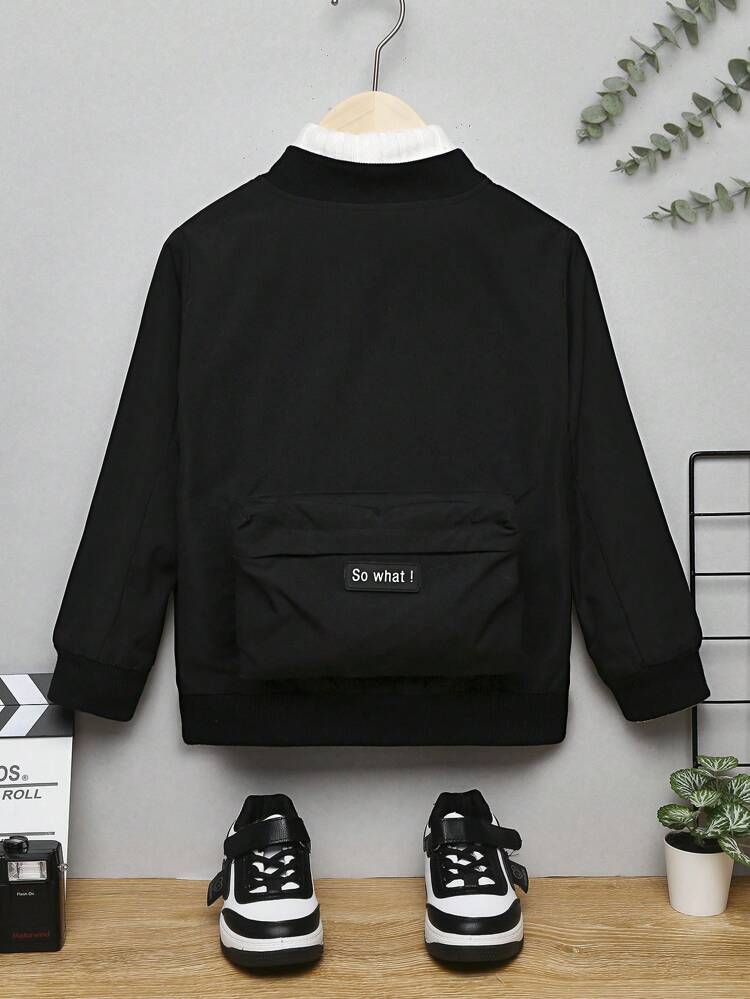 Young Boy Teddy Bear Lined Zip-up Pilot Jacket With Large Back Pocket, Suitable For Autumn And Winter