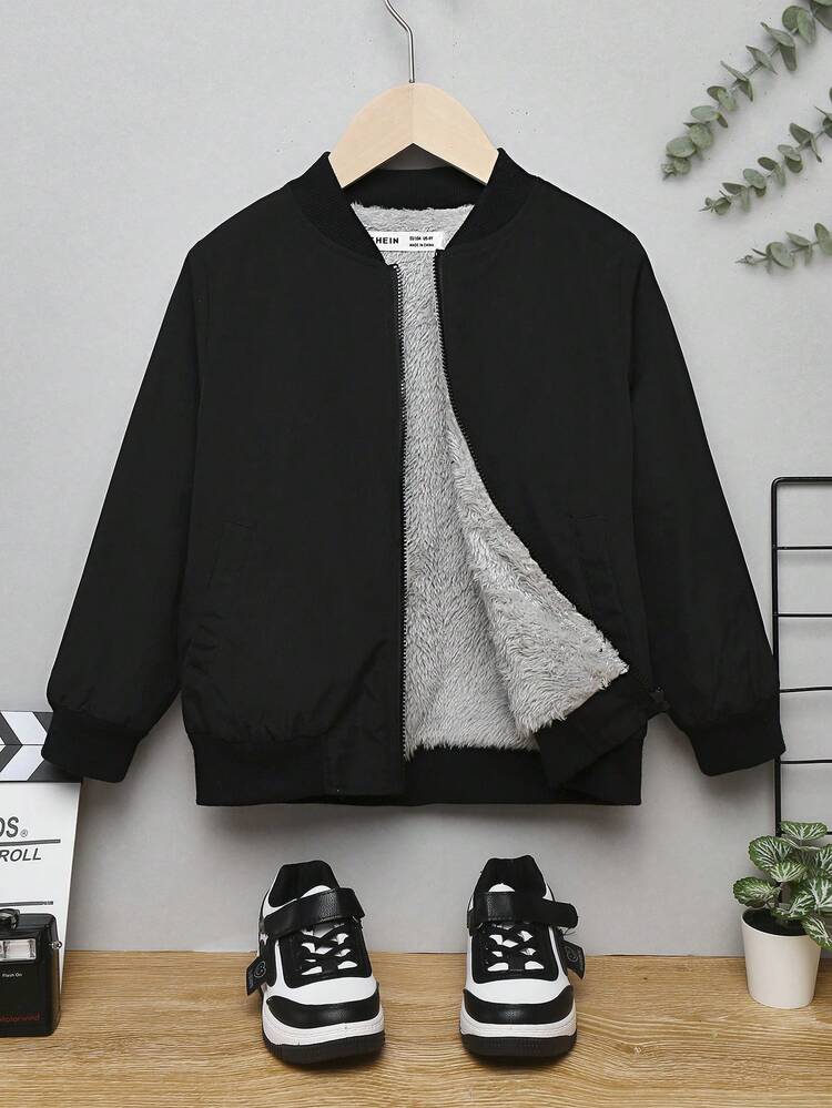 Young Boy Teddy Bear Lined Zip-up Pilot Jacket With Large Back Pocket, Suitable For Autumn And Winter