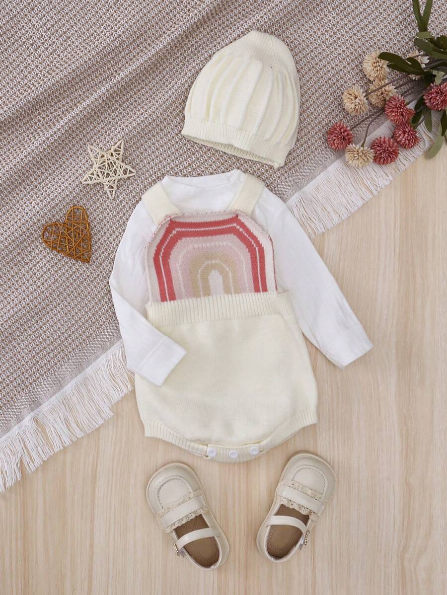 Baby Girl Rainbow Pattern Knit Bodysuit & Hat Without Tee - Beige - View 1