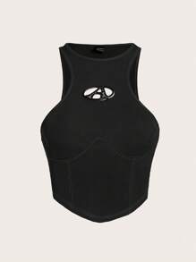 SHEIN ICON Thư được vá Viền không đối xứng Áo ba lỗ - màu đen - Xem 1