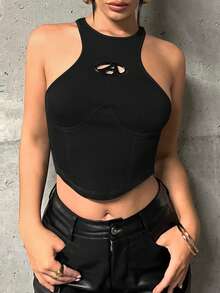 SHEIN ICON Thư được vá Viền không đối xứng Áo ba lỗ - màu đen - Xem 2