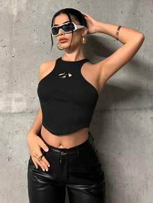 SHEIN ICON Thư được vá Viền không đối xứng Áo ba lỗ - màu đen - Xem 5