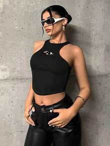 SHEIN ICON Thư được vá Viền không đối xứng Áo ba lỗ - màu đen - Xem 6