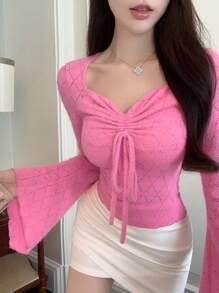 DAZY Solid Drawstring Front Flounce Sleeve Crop Tee Long Sleeve Women Tops,Fall Women Clothes - Hot Pink - View 1