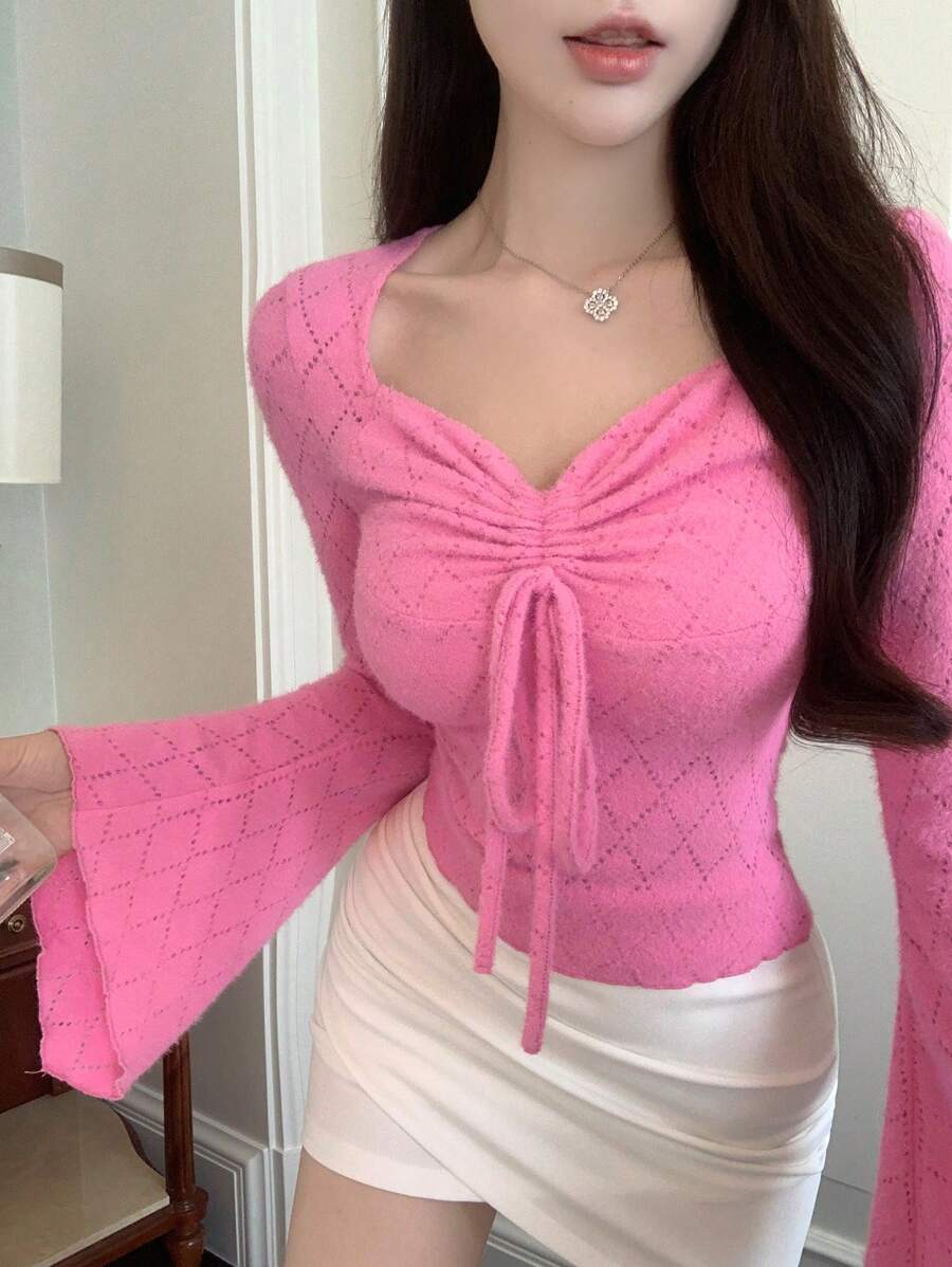 DAZY Solid Drawstring Front Flounce Sleeve Crop Tee Long Sleeve Women Tops,Fall Women Clothes - Hot Pink - View 1