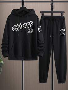 Manfinity LEGND 男士字母圖案連帽衫和運動褲 - 黑色 - 查看 3