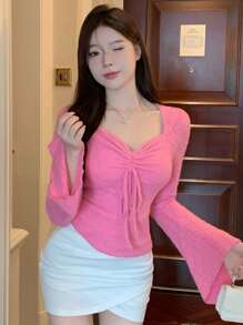 DAZY Solid Drawstring Front Flounce Sleeve Crop Tee Long Sleeve Women Tops,Fall Women Clothes - Hot Pink - View 4