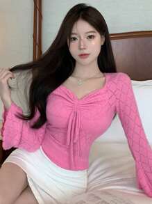 DAZY Solid Drawstring Front Flounce Sleeve Crop Tee Long Sleeve Women Tops,Fall Women Clothes - Hot Pink - View 6