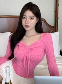 DAZY Solid Drawstring Front Flounce Sleeve Crop Tee Long Sleeve Women Tops,Fall Women Clothes - Hot Pink - View 7