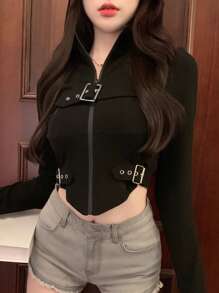 DAZY Solid Zip Through Curved Hem Crop Hooded Sweatshirt,Long Sleeve Tops Jacket - Black - View 1