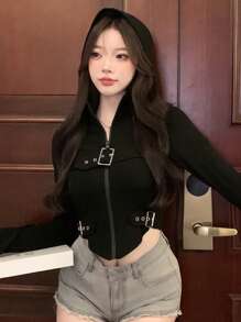 DAZY Solid Zip Through Curved Hem Crop Hooded Sweatshirt,Long Sleeve Tops Jacket - Black - View 2