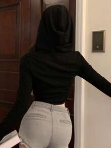 DAZY Solid Zip Through Curved Hem Crop Hooded Sweatshirt,Long Sleeve Tops Jacket - Black - View 4