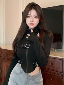 DAZY Solid Zip Through Curved Hem Crop Hooded Sweatshirt,Long Sleeve Tops Jacket - Black - View 5