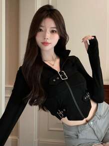 DAZY Solid Zip Through Curved Hem Crop Hooded Sweatshirt,Long Sleeve Tops Jacket - Black - View 7