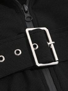 DAZY Solid Zip Through Curved Hem Crop Hooded Sweatshirt,Long Sleeve Tops Jacket - Black - View 9