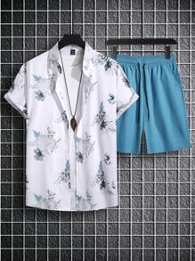 Manfinity RSRT Men Floral Print Shirt & Drawstring Waist Shorts - Blue and White - View 5