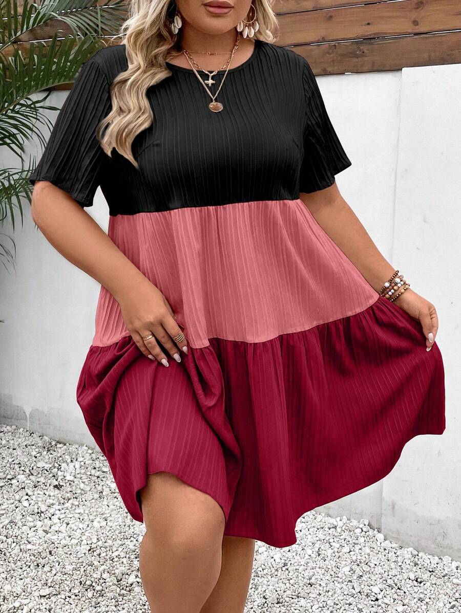 Breezaya 大碼撞色荷葉邊娃娃裙 - 彩色 - 查看 1