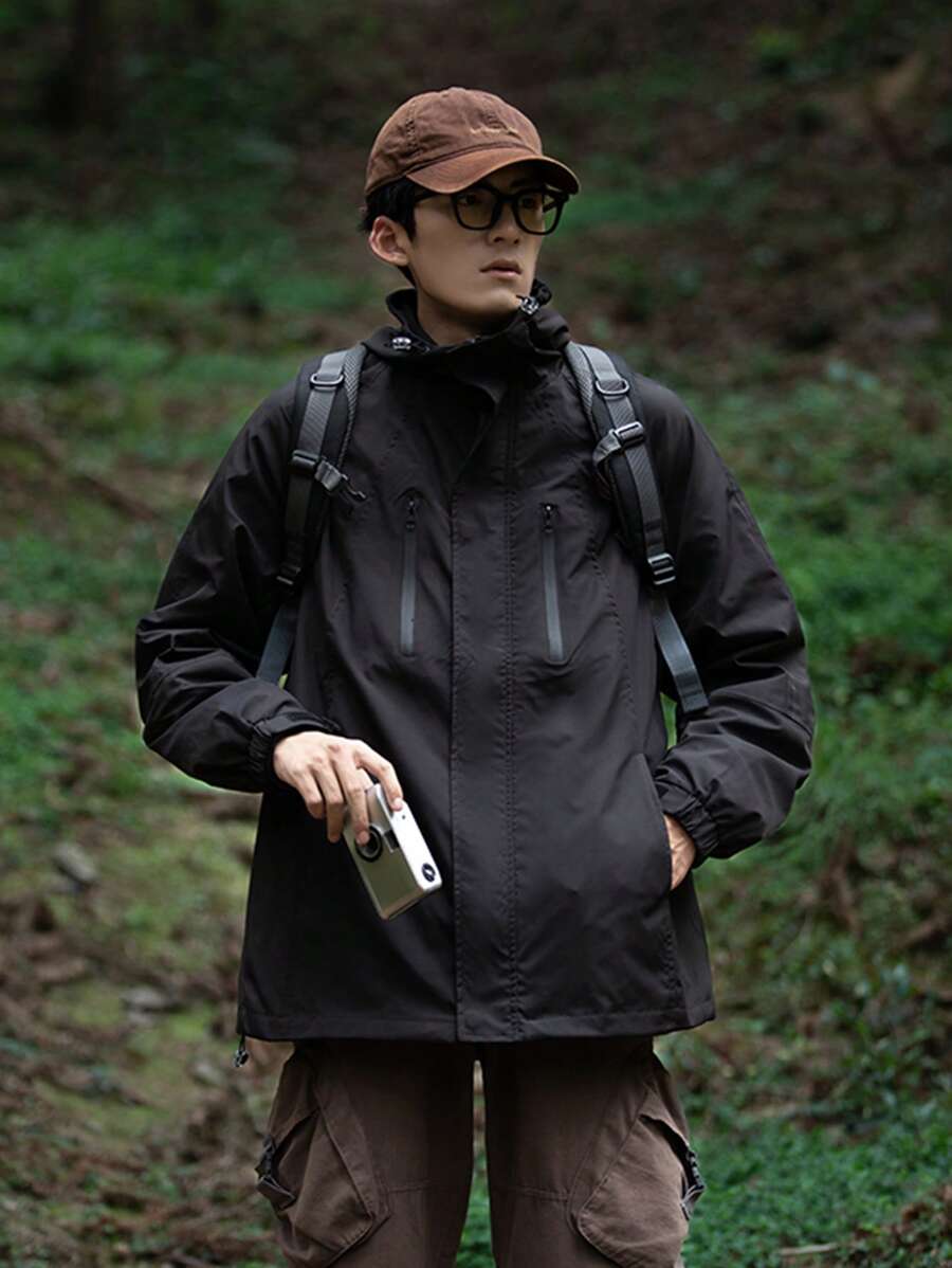 Manfinity Sport Corelite 男款拉鍊連帽運動外套，適合運動穿著 - 黑色 - 查看 1