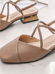 Sandalias de tacón grueso tipo Mary Jane para mujer con correa de tobillo cruzada y punta cuadrada, planas, para otoño/invierno - Caqui - Ver 3