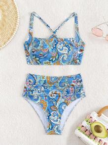 Paisley Print Ruched High Waisted Bikini Set For Summer Beach
