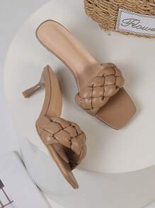 Women Braided Design Stiletto Heeled Mule Sandals, Elegant Summer Heeled Sandals - Camel - View 3