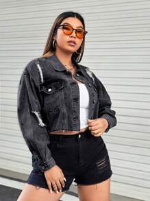 SHEIN ICON 大碼鏈條細節破洞毛邊牛仔夾克 - 深灰色 - 查看 2