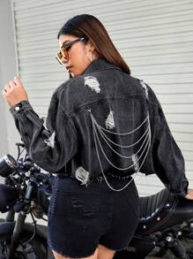 SHEIN ICON 大碼鏈條細節破洞毛邊牛仔夾克 - 深灰色 - 查看 1